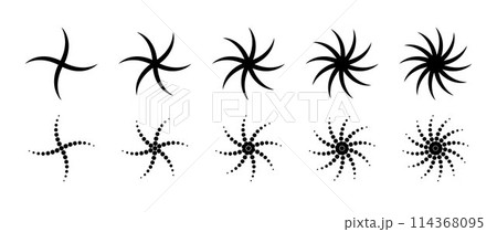 Different twist or swirl element set. Black twirl and rotating line collection. Circular radial revolving whirlwind symbols bundle for graphic design. Tornado or whirlpool rotation effect pack. Vector 114368095