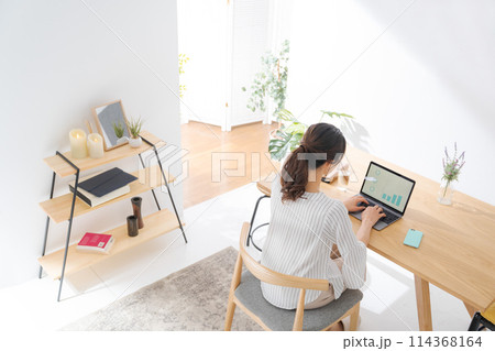 リモートワークする女性の後ろ姿 114368164