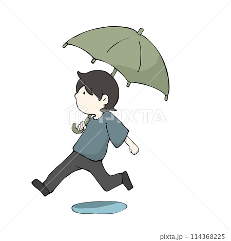 傘をさして水溜まりを飛び越えながら走る男の子 114368225