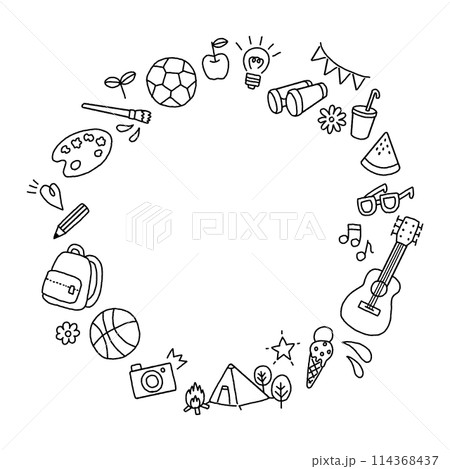 サマーキャンプの手書きアイコンセット　フレーム　モノクロ 114368437