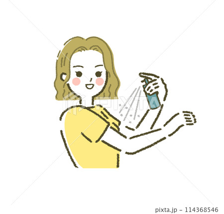 虫除けスプレーを塗る人 虫除けを使う若い女性 日焼け止め 化粧水 114368546