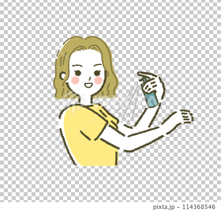 虫除けスプレーを塗る人 虫除けを使う若い女性 日焼け止め 化粧水 114368546