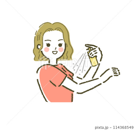虫除けスプレーを塗る人 虫除けを使う若い女性 日焼け止め 化粧水 114368549