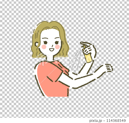 虫除けスプレーを塗る人 虫除けを使う若い女性 日焼け止め 化粧水 114368549