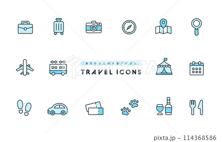 おでかけに関するイラスト。シンプルでかわいい旅行のベクターアイコンセット。 114368586