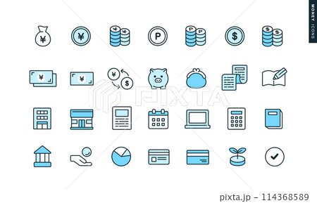 お金に関するイラスト。資産形成のベクターアイコンセット。 お金に関するイラスト。資産形成のベクターアイコンセット。 114368589
