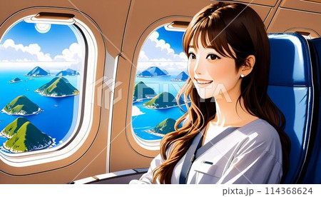 飛行機に乗る女性 114368624