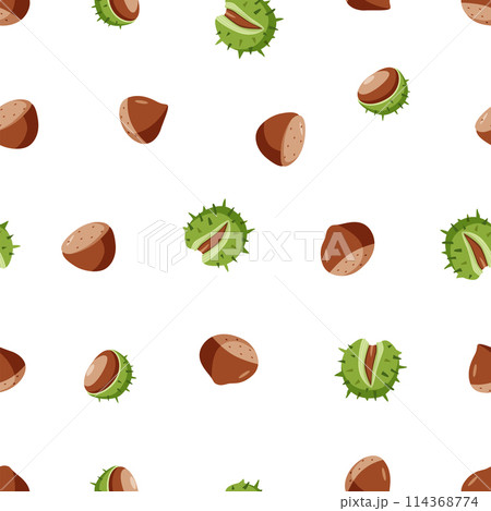 Seamless Pattern Chestnut vector illustration. Background wallpaper Cartoon drawing of chestnut nuts in a shell. Seamless Pattern Chestnut vector illustration. Background wallpaper Cartoon drawing of chestnut nuts in a shell. 114368774