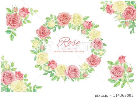 水彩で描いたバラのフレーム素材 114369093