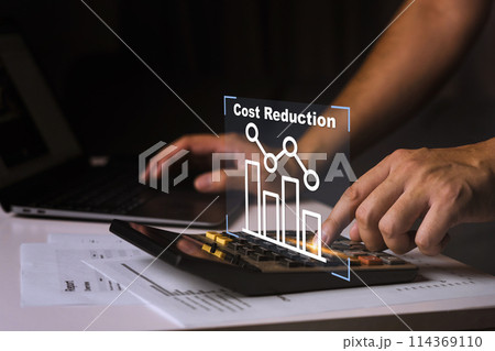 Cost reduction concept, Businessman is using cost calculator with budget, cost management. Cut, lower Cost reduction concept, Businessman is using cost calculator with budget, cost management. Cut, lower 114369110
