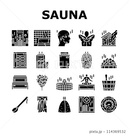 sauna bath spa relax steam room icons set vector sauna bath spa relax steam room icons set vector 114369532