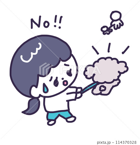 吠えている犬のリードを持って困惑顔の飼い主のかわいい女の子のイラスト 114370328