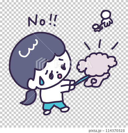 吠えている犬のリードを持って困惑顔の飼い主のかわいい女の子のイラスト 114370328