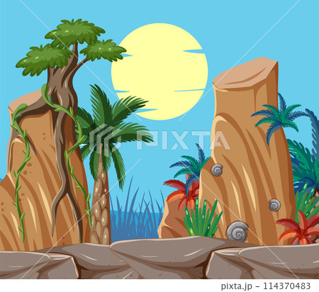 Tropical Cliffside at Sunset Illustration 114370483