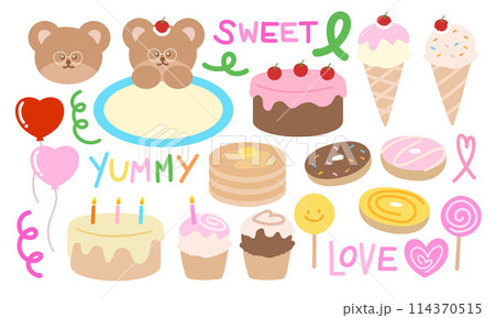 Illustration of teddy bear and sweet dessert elements such as birthday cake, cupcake, candles, ice cream, heart balloon, donut, lollipop for cartoon, characters, sticker, animal, cafe, birthday card 114370515