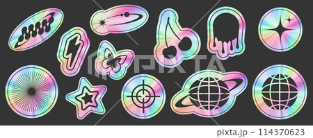 Y2K stickers with hologram gradient. Retro foil labels set with rainbow silver texture. 2000s metal vector realistic stamps. Iridescent elements collection. Neon trendy symbols. 114370623