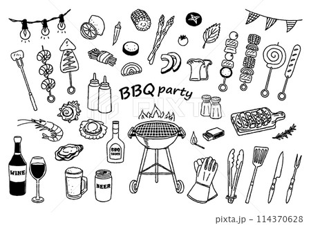 BBQイラストセット　手描き白黒線画 114370628