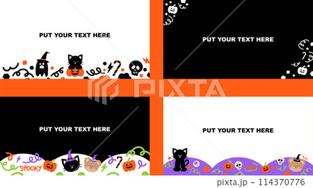 Illustration of rectangle Halloween frames with pumpkin, black cat, ghost, witch hat, teddy bear, SPOOKY letters for ad template, campaign, Halloween templates, card, print, standee, banner, wallpaper 114370776