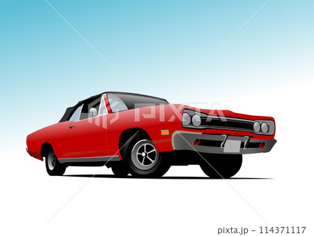 Old red car on abstract backgroud. Vector Colored 3d illustration. Hand drawn illustration 114371117