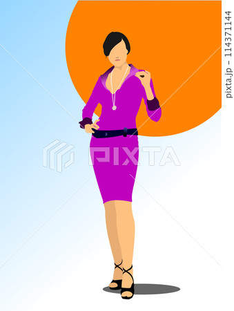 Beautiful brunette women in purple dress on white background Beautiful brunette women in purple dress on white background 114371144
