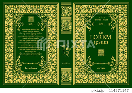 Ornate leather book cover and Old retro ornament frames. Royal Golden style design. Historical novel. Oriental style Vector illustration 114371147