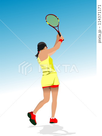 Tennis player poster. Colored Vector 3d illustration for designers. Hand drawn illustration Tennis player poster. Colored Vector 3d illustration for designers. Hand drawn illustration 114371171
