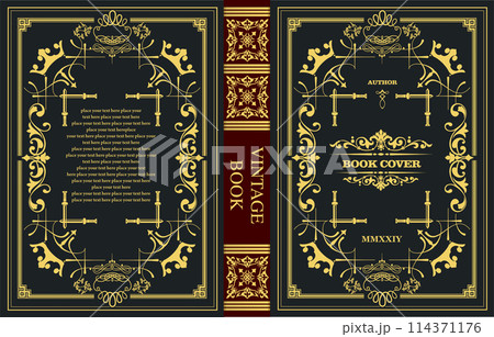 Ornate leather book cover and Old retro ornament frames. Royal Golden style design. Historical novel. Oriental style Vector illustration. Hand drawn illustration 114371176