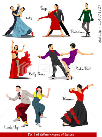 Set of different types of dances. 3d color vector illustration for designers. Hand drawn illustration Set of different types of dances. 3d color vector illustration for designers. Hand drawn illustration 114371227