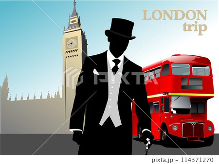 London trip poster with double Decker bus and gentleman image . Vector 3d illustration. Hand drawn illustration London trip poster with double Decker bus and gentleman image . Vector 3d illustration. Hand drawn illustration 114371270