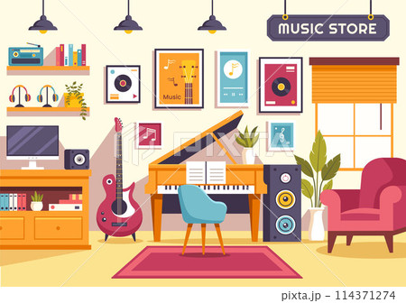 Music Store Vector Illustration with Various Musical Instruments, CD, Cassette Tapes and Audio Recordings in Flat Style Cartoon Background Design 114371274
