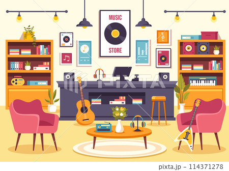 Music Store Vector Illustration with Various Musical Instruments, CD, Cassette Tapes and Audio Recordings in Flat Style Cartoon Background Design Music Store Vector Illustration with Various Musical Instruments, CD, Cassette Tapes and Audio Recordings in Flat Style Cartoon Background Design 114371278
