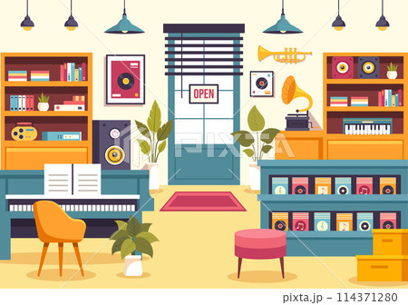 Music Store Vector Illustration with Various Musical Instruments, CD, Cassette Tapes and Audio Recordings in Flat Style Cartoon Background Design Music Store Vector Illustration with Various Musical Instruments, CD, Cassette Tapes and Audio Recordings in Flat Style Cartoon Background Design 114371280