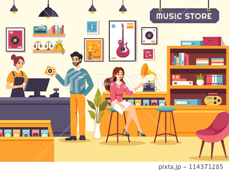 Music Store Vector Illustration with Various Musical Instruments, CD, Cassette Tapes and Audio Recordings in Flat Style Cartoon Background Design Music Store Vector Illustration with Various Musical Instruments, CD, Cassette Tapes and Audio Recordings in Flat Style Cartoon Background Design 114371285