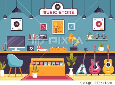 Music Store Vector Illustration with Various Musical Instruments, CD, Cassette Tapes and Audio Recordings in Flat Style Cartoon Background Design Music Store Vector Illustration with Various Musical Instruments, CD, Cassette Tapes and Audio Recordings in Flat Style Cartoon Background Design 114371286