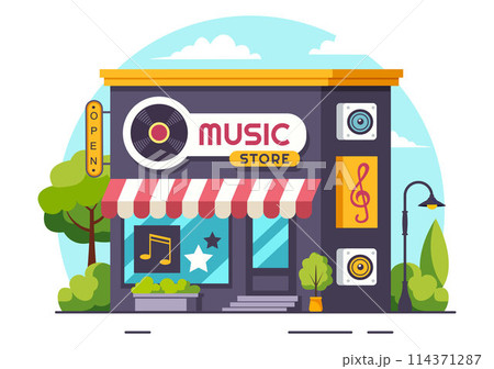 Music Store Vector Illustration with Various Musical Instruments, CD, Cassette Tapes and Audio Recordings in Flat Style Cartoon Background Design Music Store Vector Illustration with Various Musical Instruments, CD, Cassette Tapes and Audio Recordings in Flat Style Cartoon Background Design 114371287