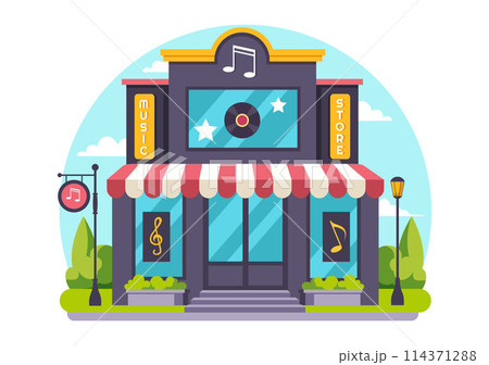 Music Store Vector Illustration with Various Musical Instruments, CD, Cassette Tapes and Audio Recordings in Flat Style Cartoon Background Design 114371288