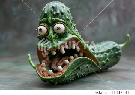 Frightened cucumber with open mouth and wide open eyes Frightened cucumber with open mouth and wide open eyes 114371416