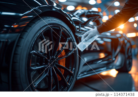 A male specialist's hand in a white glove with a sheet of paper inspects the tire of a modern high-tech sports car 114371438