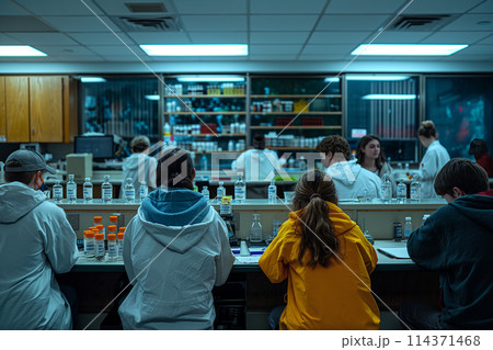 Group of People Sitting at Table in Lab 114371468