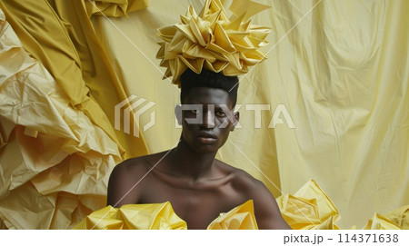 African Man with Elaborate Gold Paper Headdress and Yellow Background 114371638