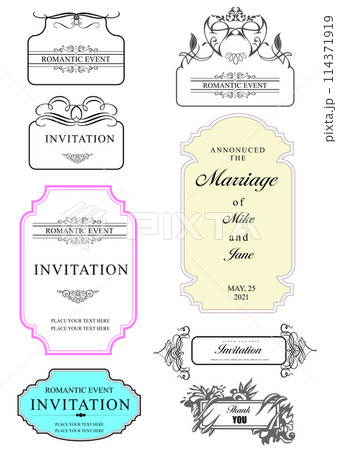 Set of ornate vector frames and ornaments with sample text. Perfect as invitation or announcement. All pieces are separate. Easy to change colors and edit. Hand drawn illustration 114371919