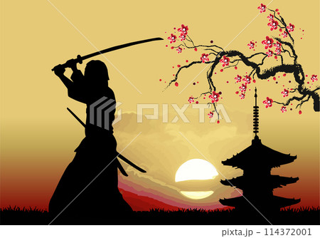 Black silhouette of Samurai with the sword on hight sky background. Vector hand drawn illustration 114372001