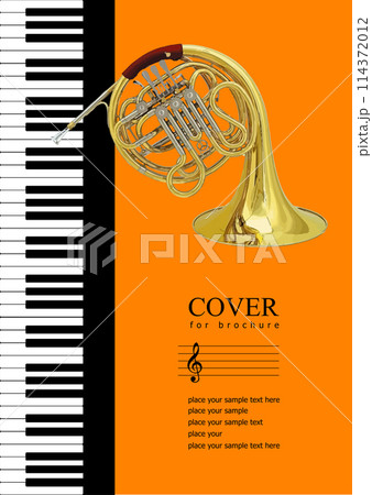 Cover for brochure with Piano and French horn images. Vector 3d illustration. Hand drawn 114372012