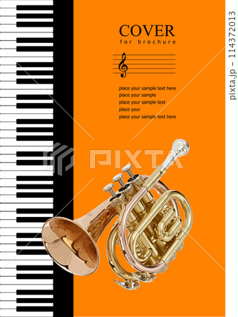 Cover for brochure with Piano and trumpet images. Vector 3d illustration. Hand drawn illustration 114372013