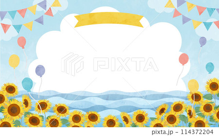 ヒマワリ畑と海と空の水彩画風 背景イラスト 114372204
