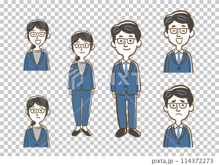 Illustration set of men and women in suits (line drawing) 114372273