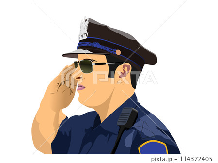 Policeman with walkie-talkie radio. Vector 3d hand drawn illustration 114372405