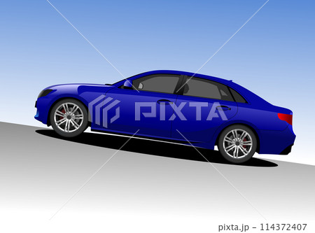 Blue car sedan on the road. Vector 3d hand drawn illustration Blue car sedan on the road. Vector 3d hand drawn illustration 114372407