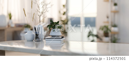 A luxury white coffee table feature a copy space for display products in a modern living room. 114372501