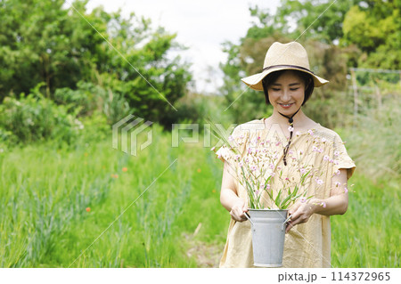 お花を摘む女性 114372965